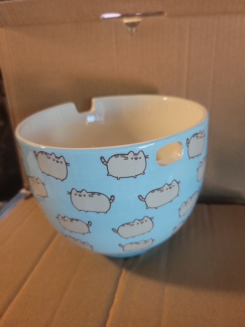 Pusheen Light Blue Ceramic Yarn Or Ramen Bowl with Cream Interior, Sold As-is